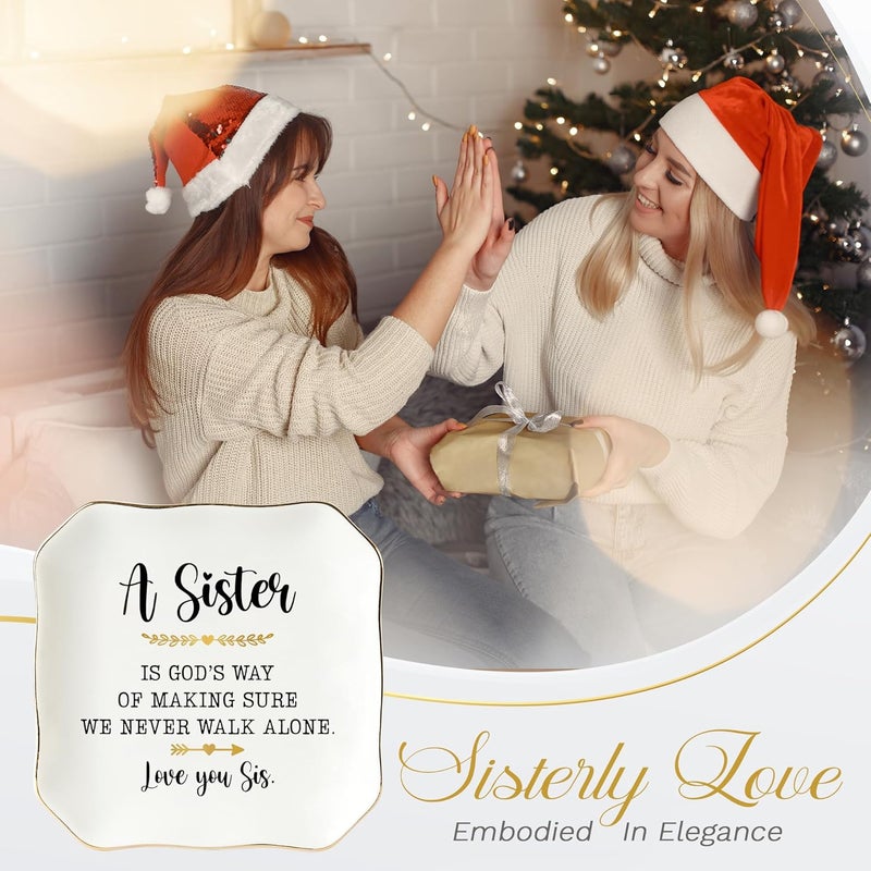 HEXMOZ Sister Birthday Gifts - Sister Valentines Day Gift Ideas for Women, Older Sisters Adult, Big Sis, Little Sis, Sister-in-Law - We Never Walk Alone 4.5"X4.5" Ceramic Jewelry Dish Tray Keepsake - Image 4